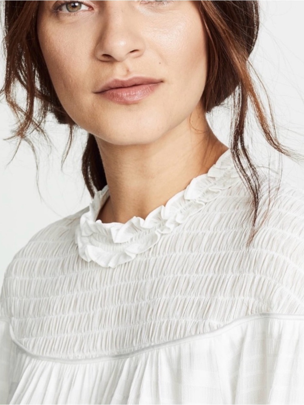 RAMY BROOK Josephine Smocked
Ruffle Top High Neck Blouse Ivory Off White S Boho
